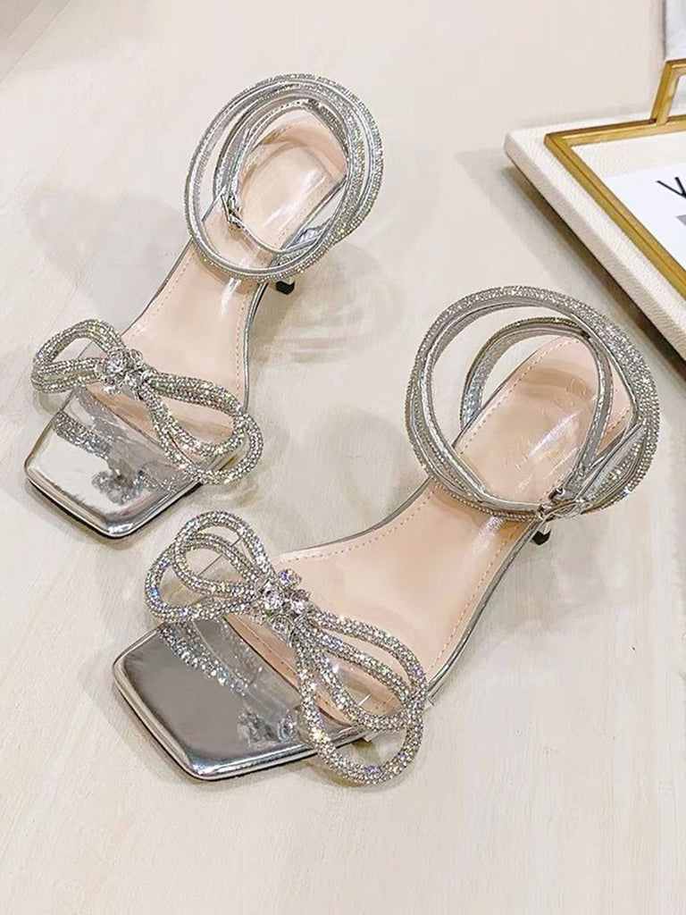 Silver Rhinestone Ankle Strap Heels - vintage shoes, retro heels
