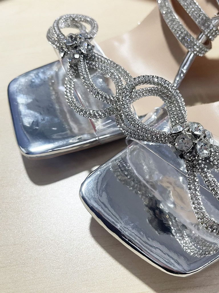 Silver Rhinestone Ankle Strap Heels - vintage shoes, retro heels