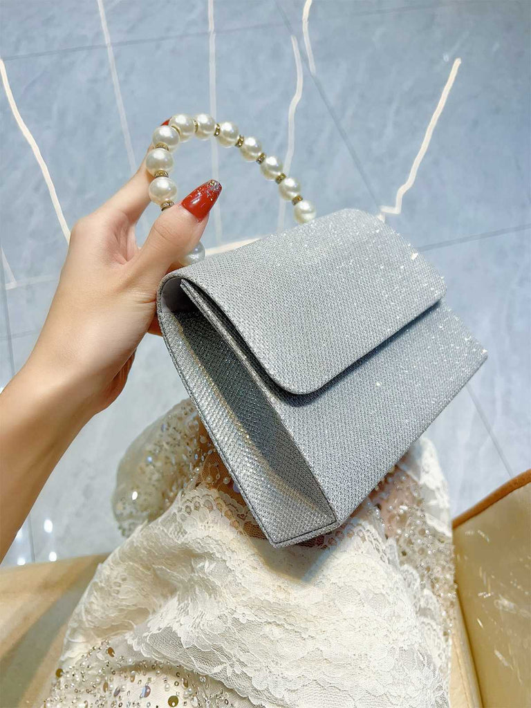 Silver Vintage Rhinestone Glitter Faux Pearl Handbag | vintage fashion, retro style, classic elegance - perfect for retro fashion enthusiasts