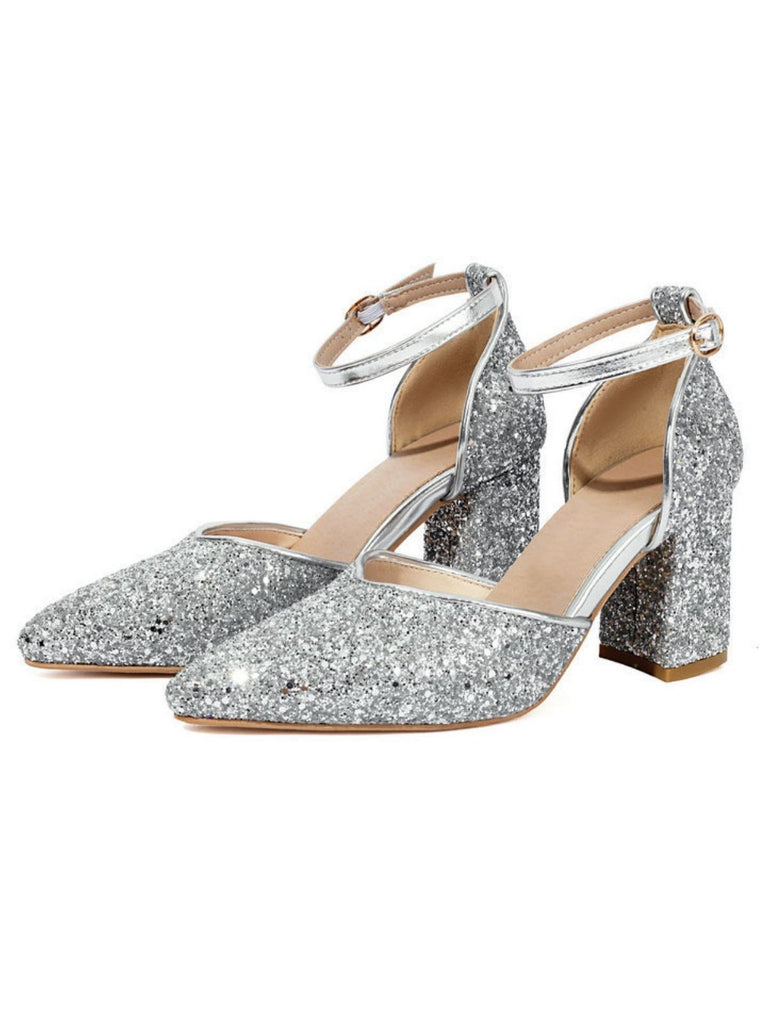 Silver glitter high heels on a white background