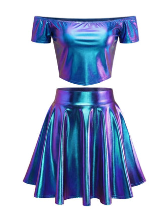2PCS Metallic 1970 Disco Off-Shoulder Top & Pleated Skirt - vintage skirt, retro style