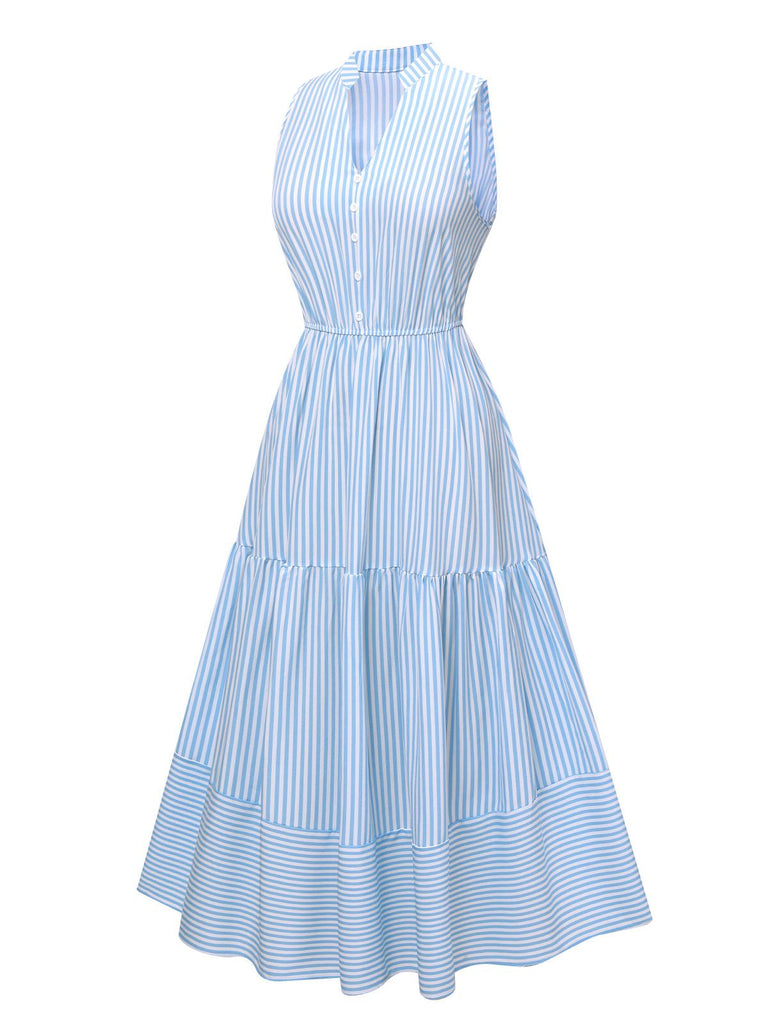 Retro Stage Stripes Stand Collar Midi Dress Sky Blue Retro Stage Stripes Stand Collar Midi Dress Sky Blue