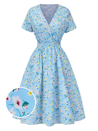 Sky Blue 1950s Floral V-Neck A-line Dress, vintage dress, retro fashion, rockabilly, pin-up fashion - perfect for women who love vintage and retro fashion