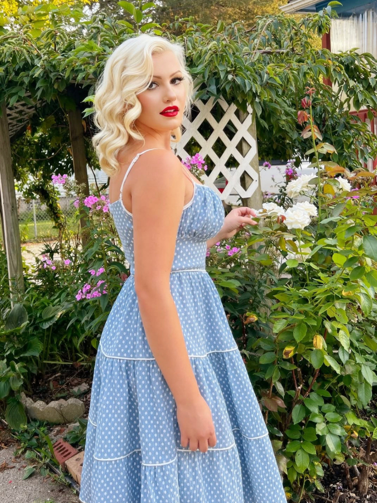 Retro Stage 1950s Monroe Inspired Blue Polka Dot Swing Dress Retro Stage 1950s Monroe Inspired Blue Polka Dot Swing Dress