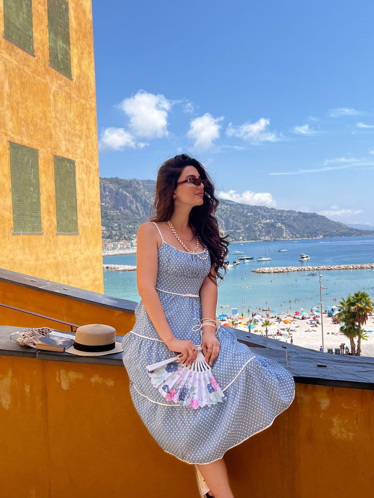 Sky Blue 1950s Strap Polka Dot Swing Dress: timeless style reimagined
