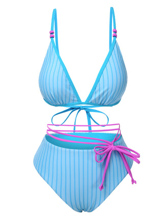 Sky Blue 1960s Striped Lace-Up Bow Bikini Set, vintage swimsuit, pin-up swimwear - perfect for women who love vintage and retro fashion