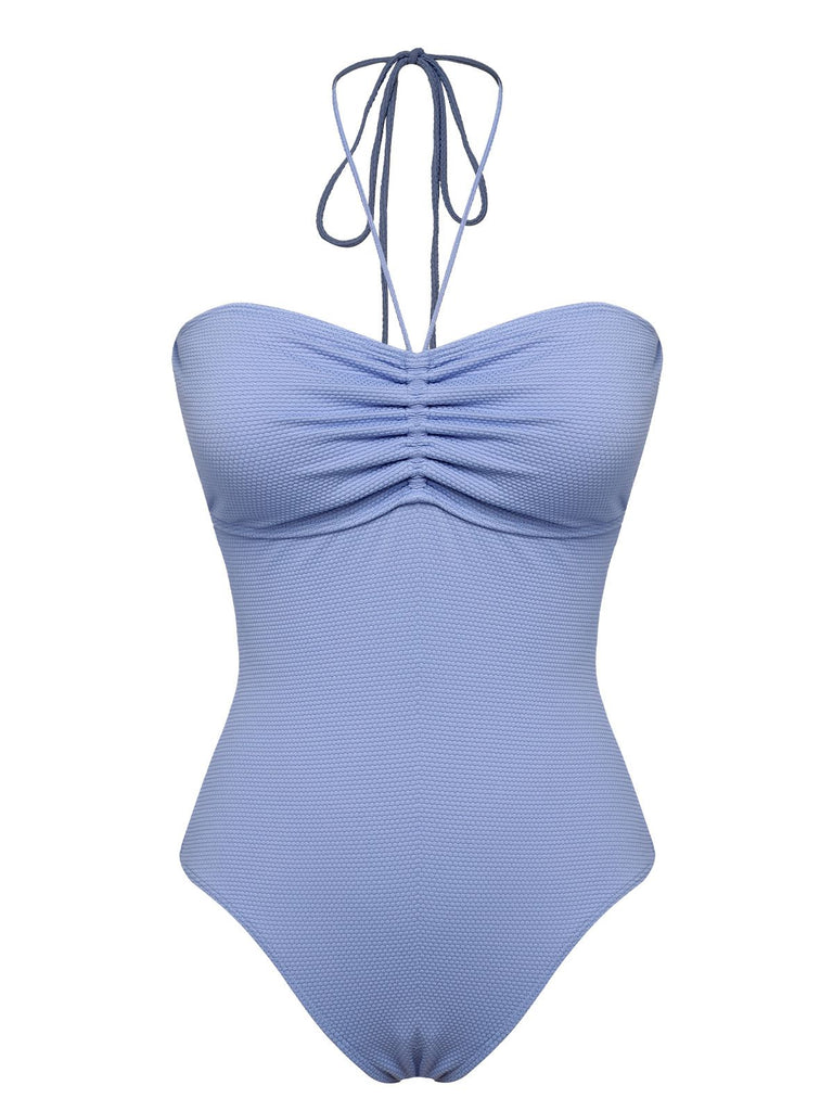 Sky Blue 1970s Solid Drawstring Bandeau Swimsuit, vintage swimsuit, pin-up swimwear - perfect for women who love vintage and retro fashion