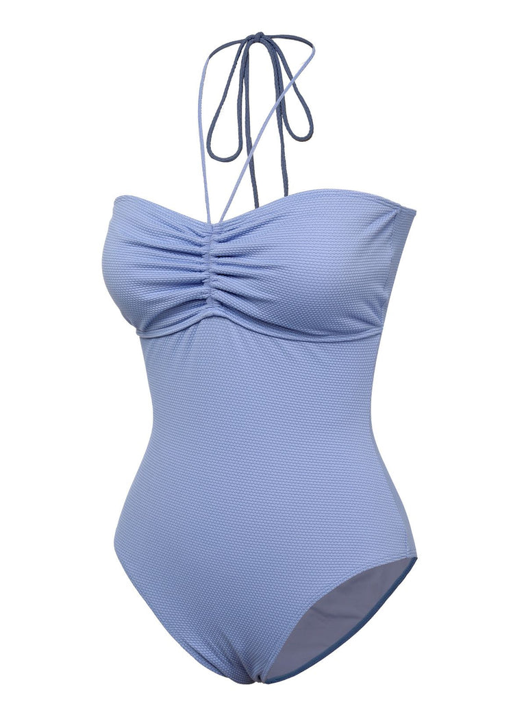 Sky Blue 1970s Solid Drawstring Bandeau Swimsuit, vintage swimsuit, pin-up swimwear - perfect for women who love vintage and retro fashion