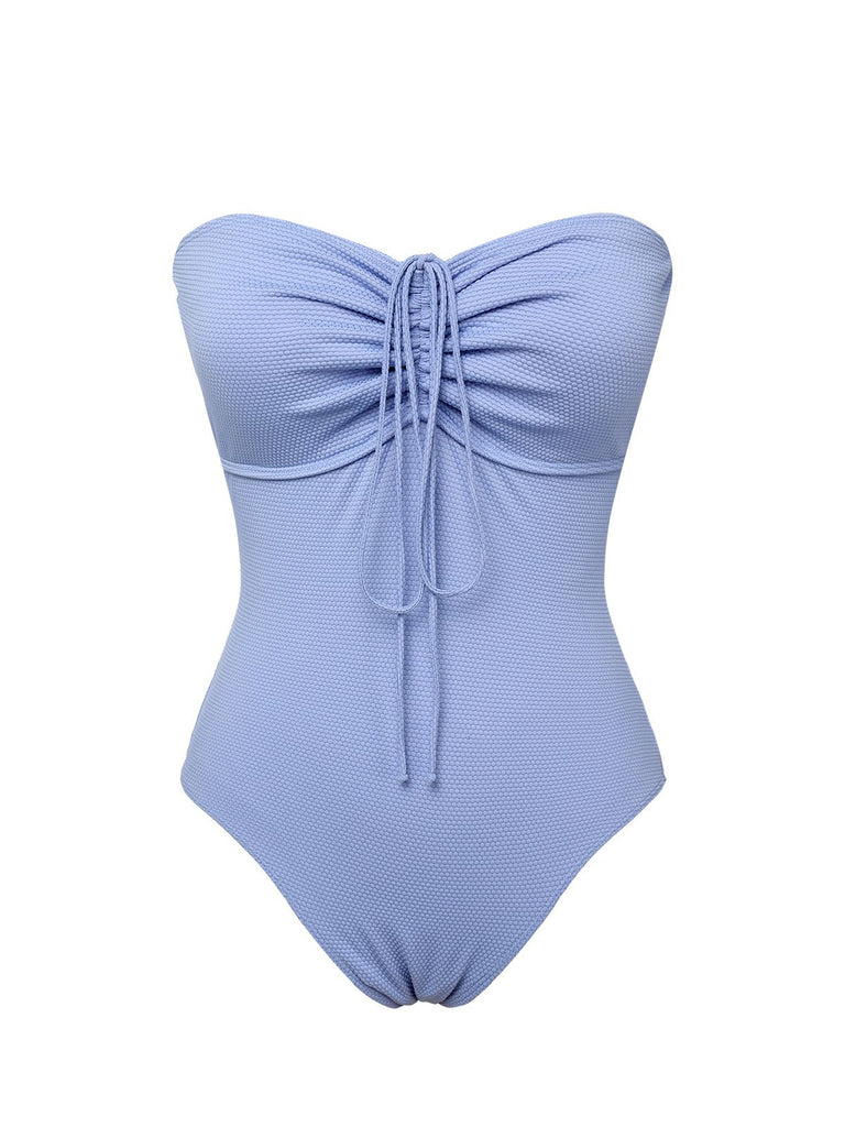 Sky Blue 1970s Solid Drawstring Bandeau Swimsuit, vintage swimsuit, pin-up swimwear - perfect for women who love vintage and retro fashion
