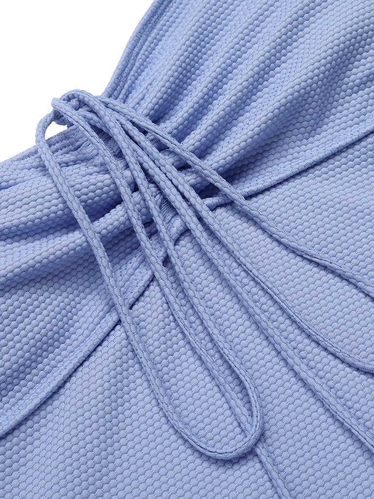 Sky Blue 1970s Solid Drawstring Bandeau Swimsuit, vintage swimsuit, pin-up swimwear - perfect for women who love vintage and retro fashion