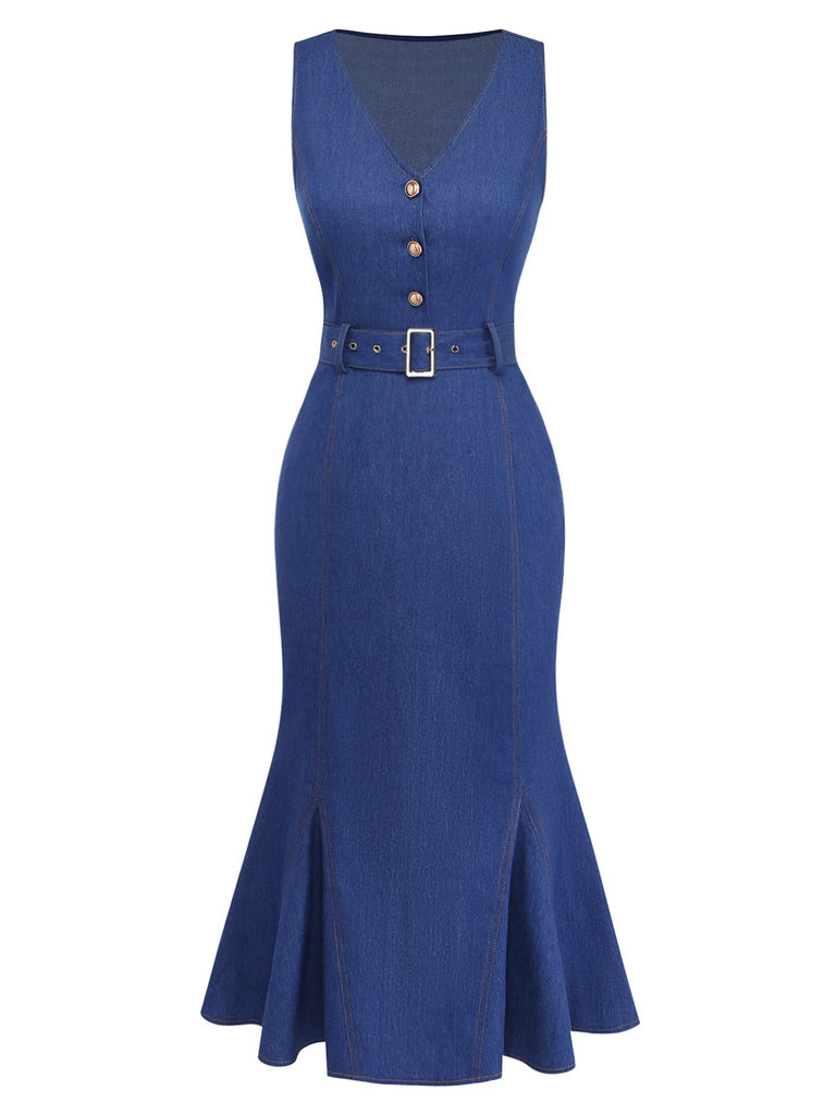 Blue 1930s Denim Sleeveless Mermaid Dress