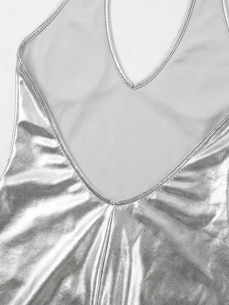 Close-up of a silver metallic Romper with a plunging neckline.