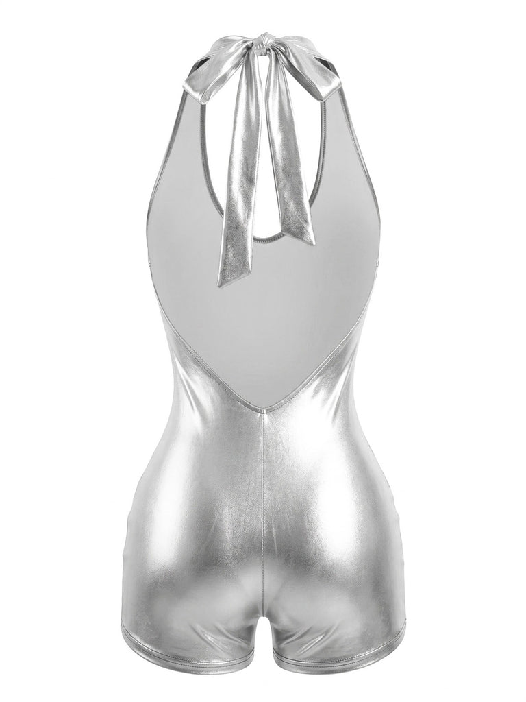 Silver metallic romper with halter neck design on a white background