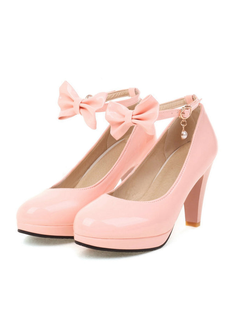 Solid Leather Bowknot Buckle Strap Chunky Heels: timeless vintage elegance she makes her own