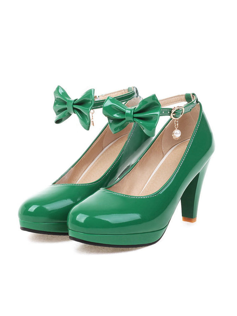 This Solid Leather Bowknot Buckle Strap Chunky Heels whispers vintage secrets to those who notice