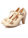 She finds her vintage story in this Solid Leather Bowknot T-Strap Chunky Heels