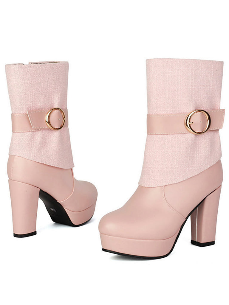 Solid PU Leather Ribbed Knit Patchwork High Heels - vintage shoes, retro heels