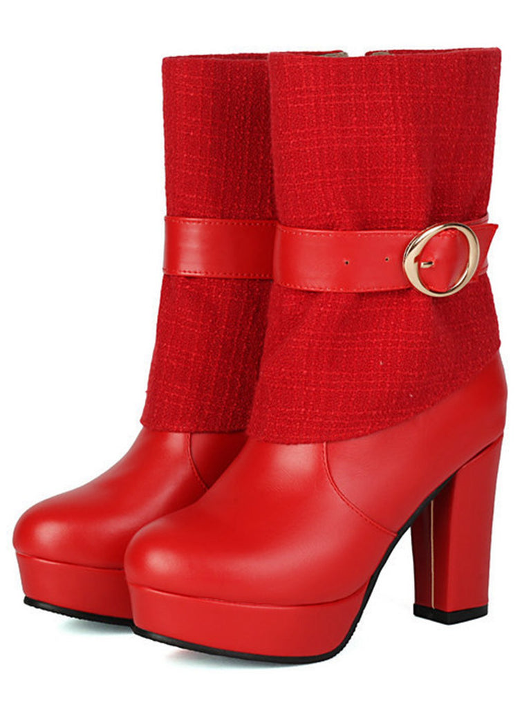 Solid PU Leather Ribbed Knit Patchwork High Heels - vintage shoes, retro heels
