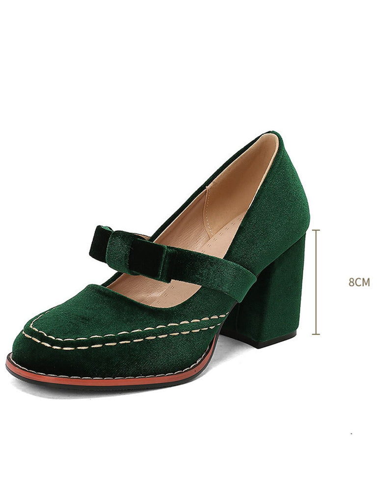 Solid Suede Mary Jane Bow Detail Pumps - vintage fashion, retro style
