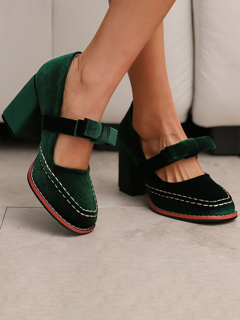 Solid Suede Mary Jane Bow Detail Pumps - vintage fashion, retro style