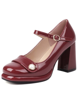 Square Toe PU Leather Pearl Chunky Heels - vintage shoes, retro heels