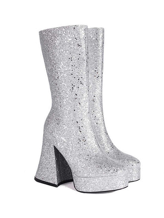 She finds her vintage story in this Square Toe Sequined Chunky Heel Mid-Calf Boots