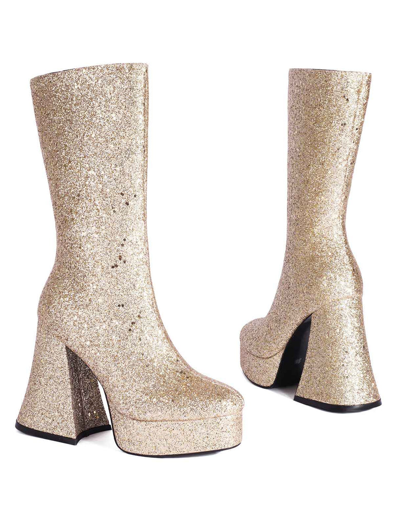 She finds her vintage story in this Square Toe Sequined Chunky Heel Mid-Calf Boots