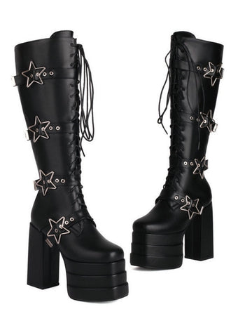 Star Button Gothic Platform High Heels Boots - vintage shoes, retro heels