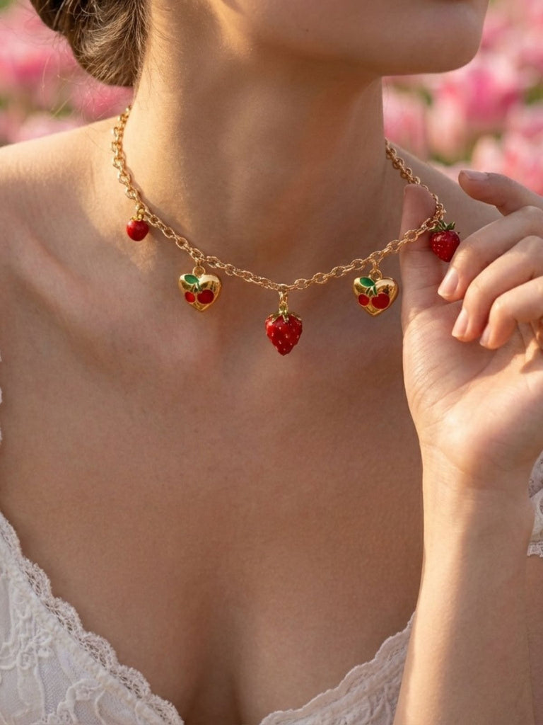 Strawberry Heart Pendant Gold Chain Necklace - vintage fashion, retro style, glamorous gold