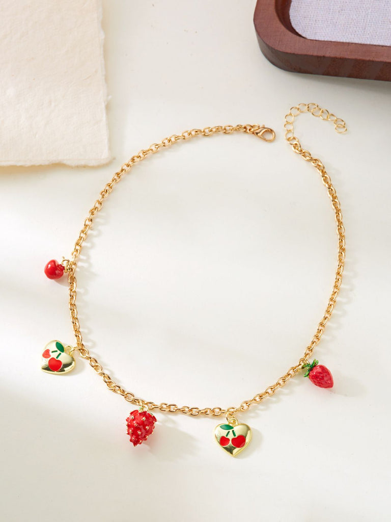 Strawberry Heart Pendant Gold Chain Necklace - vintage fashion, retro style, glamorous gold