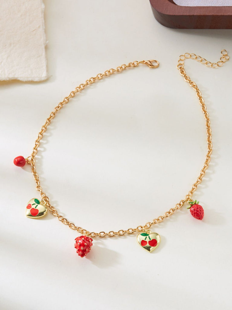 Strawberry Heart Pendant Gold Chain Necklace - vintage fashion, retro style, glamorous gold