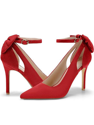 Suede Bow Ankle Strap Pointed Toe High Heel Shoes - vintage shoes, retro heels