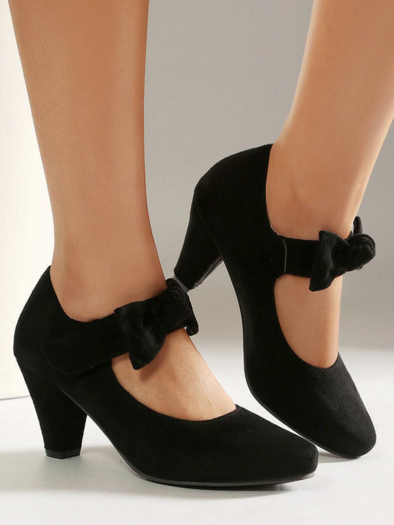 Suede Bow Mary Jane Block Heel Pumps, vintage fashion, retro style - perfect for women who love vintage and retro fashion