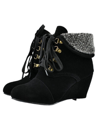 She finds her vintage story in this Suede Fleece Lace-Up Wedge Heel Ankle Boots