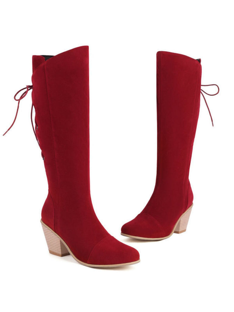 Suede Knee Lace-Up Block Heel Boots - vintage shoes, retro heels