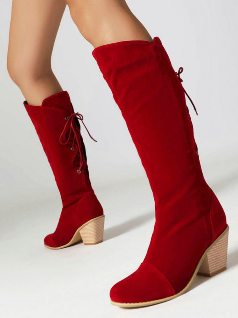 Suede Knee Lace-Up Block Heel Boots - vintage shoes, retro heels