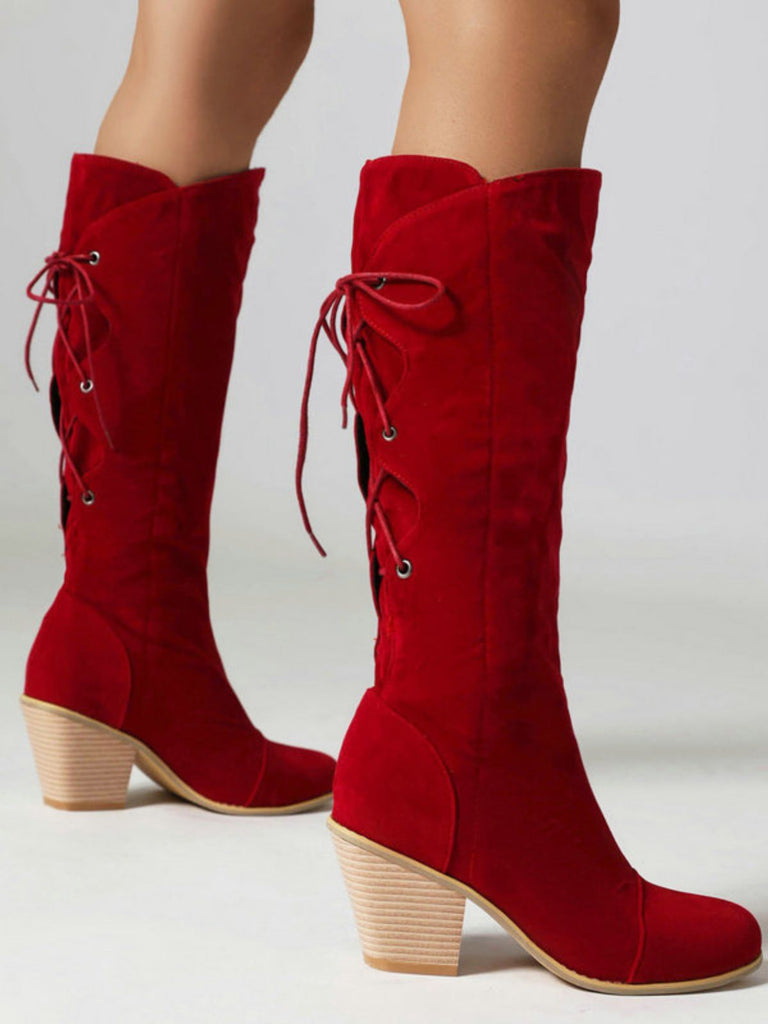 Suede Knee Lace-Up Block Heel Boots - vintage shoes, retro heels