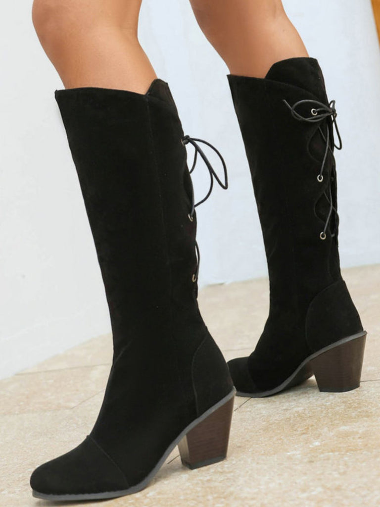 Suede Knee Lace-Up Block Heel Boots - vintage shoes, retro heels