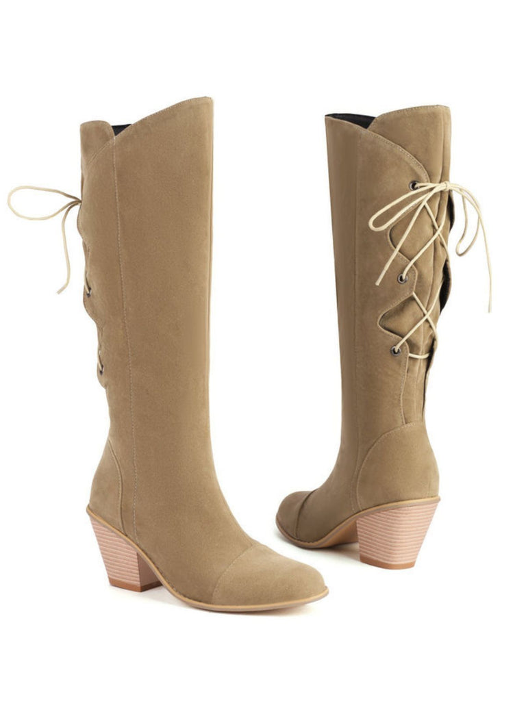 Suede Knee Lace-Up Block Heel Boots - vintage shoes, retro heels