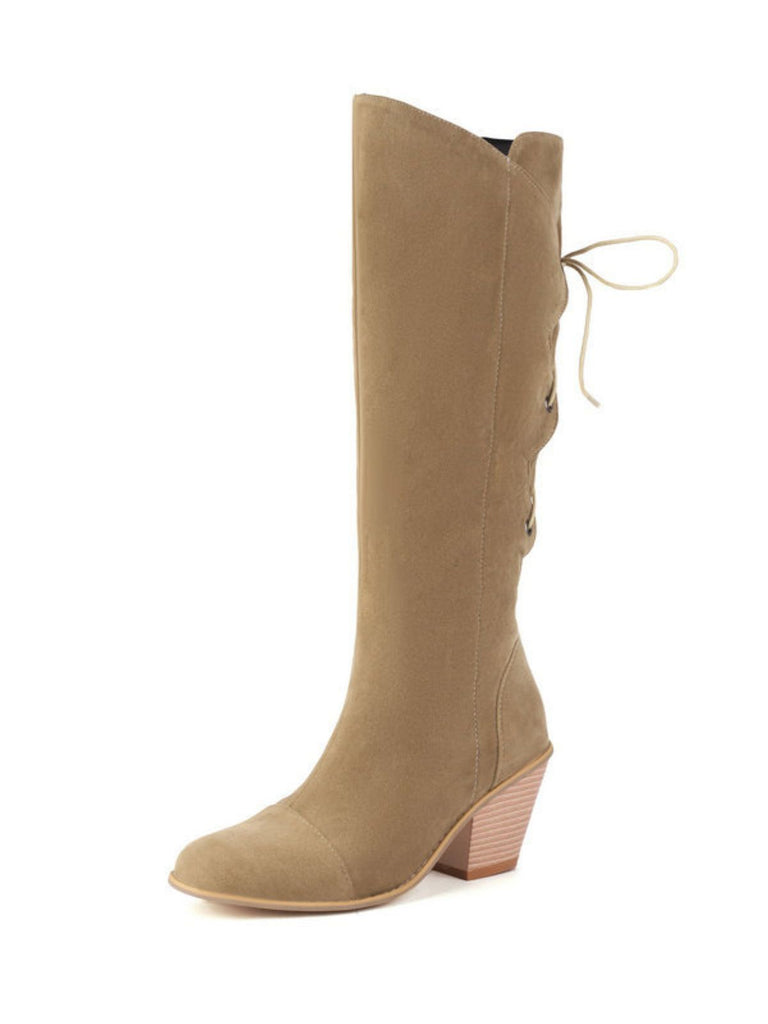 Suede Knee Lace-Up Block Heel Boots - vintage shoes, retro heels
