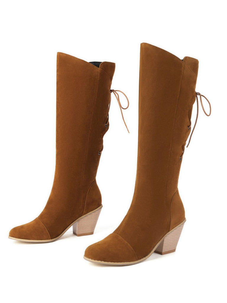 Suede Knee Lace-Up Block Heel Boots, vintage fashion, retro style - perfect for women who love vintage and retro fashion