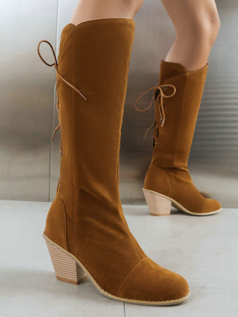 Suede Knee Lace-Up Block Heel Boots, vintage fashion, retro style - perfect for women who love vintage and retro fashion