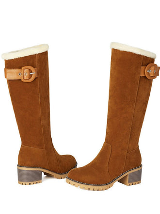 Suede buckle Faux Fur Knee-High Boots - vintage fashion, retro style