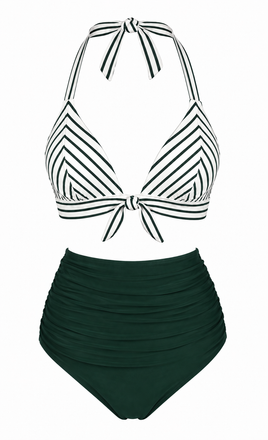 [Pre-Sale] Green 1950s Striped Halter Ruched Bikini Set, vintage swimsuit, pin-up swimwear - perfect for women who love vintage and retro fashion