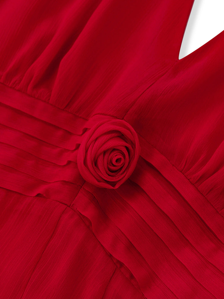 Vibrant red 1940s rose print midi dress with halter neck and lace-up back, perfect for a vintage-inspired garden party or romantic summer date.