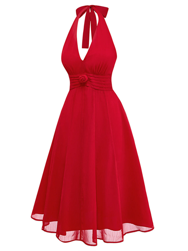 Vibrant red 1940s rose print midi dress with halter neck and lace-up back, perfect for a vintage-inspired garden party or romantic summer date.