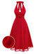 Vibrant red 1940s rose midi dress with halter neck and lace-up back, perfect for a vintage-inspired garden party or romantic summer date.