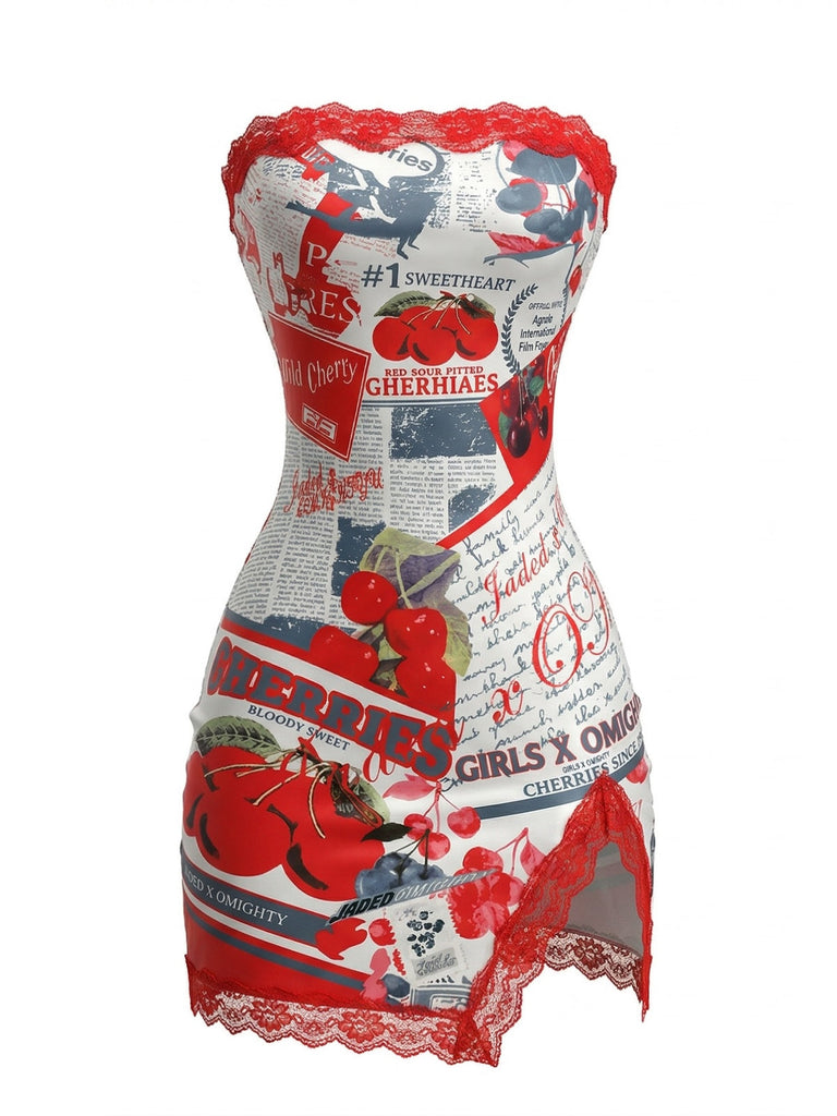 True Red 1960s Cherry Newspaper Strapless Dress - vintage dress, retro fashion for vintage lovers