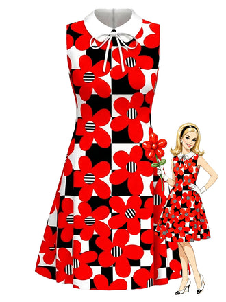 [Pre-Sale] True Red 1960s Plaid Floral Bow Dress
