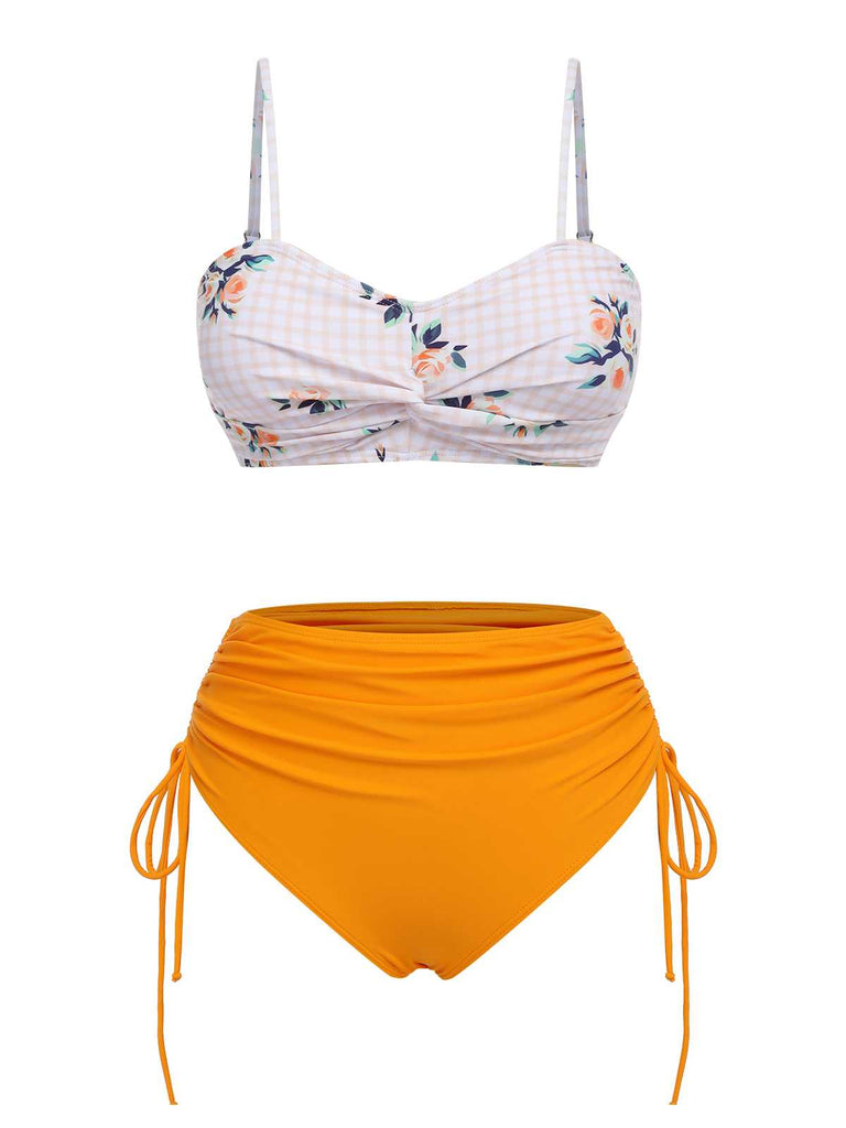 Turmeric 1940s Spaghetti Strap Roses Swimsuit: 1940s Riviera elegance, reimagined for her